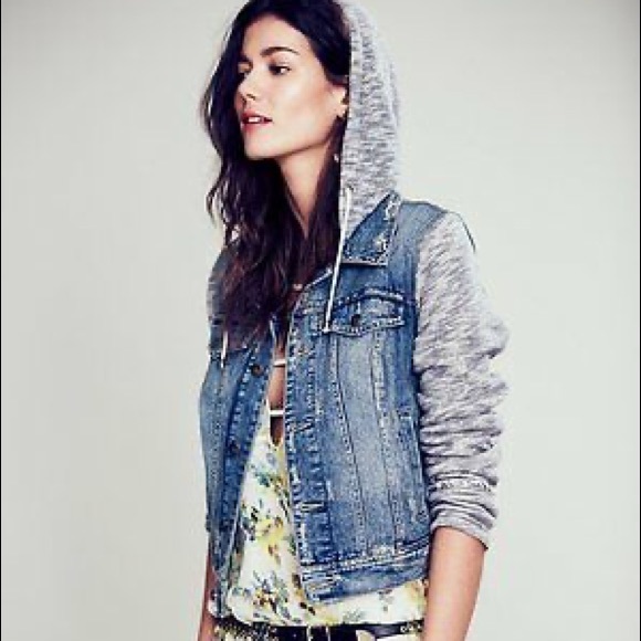 Free People Blue Hooded Distressed Denim Jean Jacket